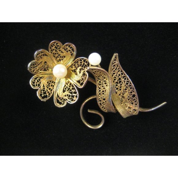 Flower Spray Brooch Pin Goldone Vintage 2.2 inch Estate Imitation Pearl Filigree - Picture 5 of 5